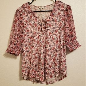Lucky Brand | Short Sleeve Mix Media V Neck Flutter Top Boho Cottagecore
